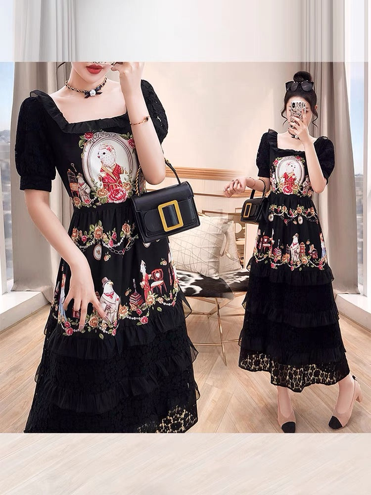 Long skirt is thin and tall summer dress 2022 new women's clothing temperament ladies black retro square collar Hepburn style dress