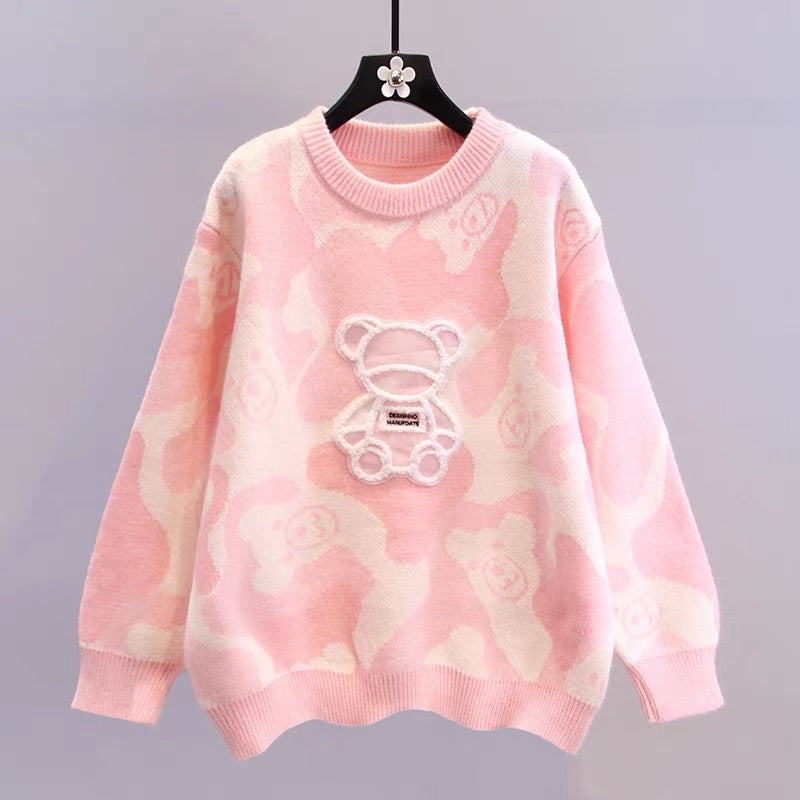 Japanese college style cartoon bear sweater women's 2022 autumn and winter new loose and lazy style age-reducing knitted top