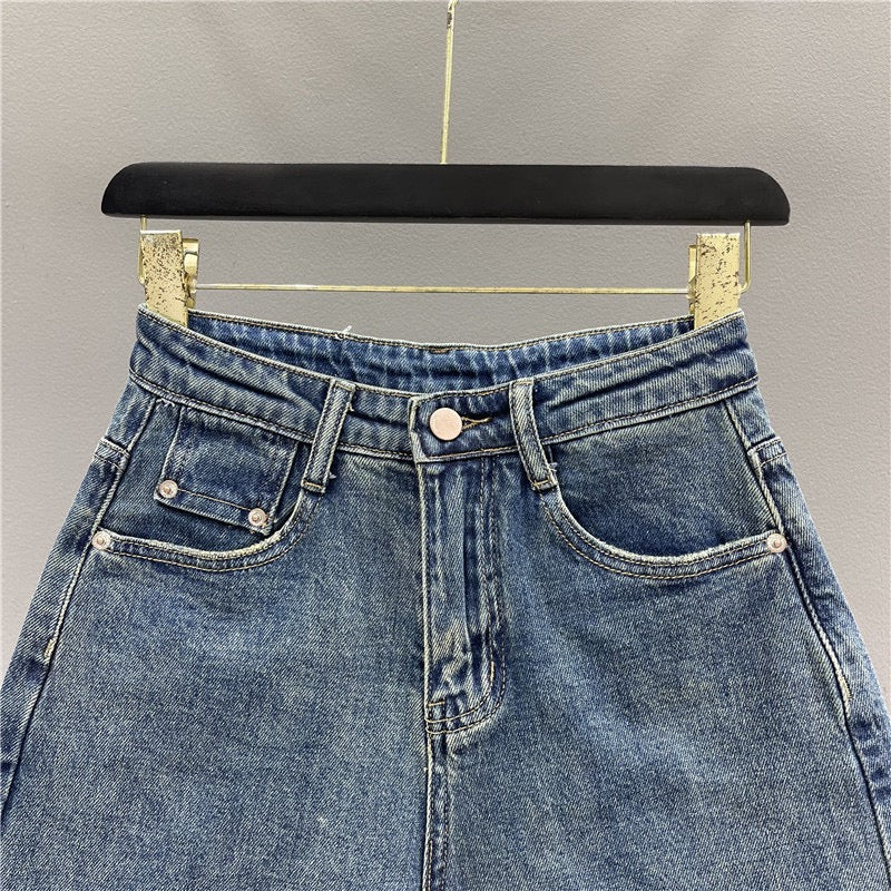 Hot Girl Raw Edge Denim Hot Pants Women's Summer 2023 New Korean Version  High Waist Slim Retro A-Line Wide-leg Shorts