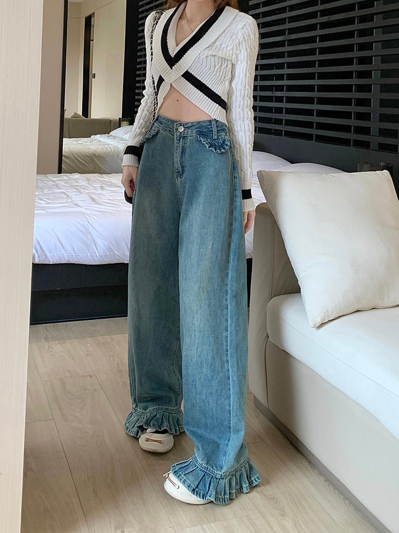 Light-colored retro straight jeans women's spring all-match mopping trousers high waist loose design wide-leg pants