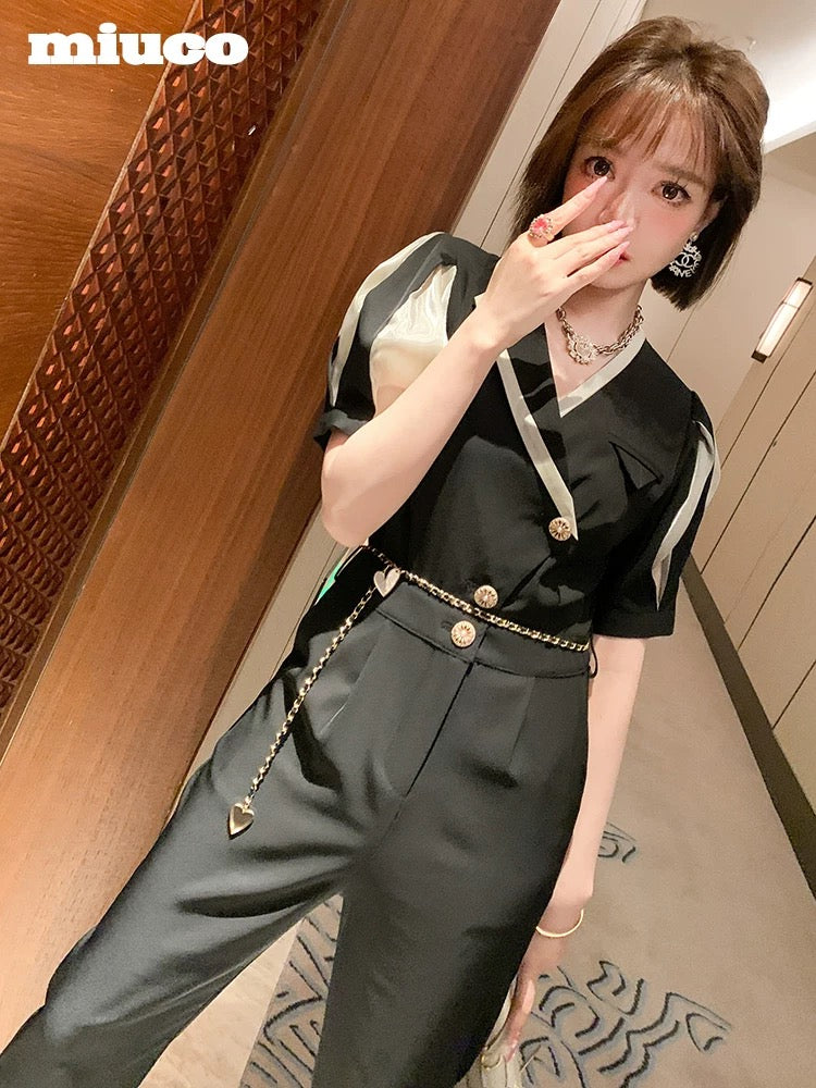 miuco half lapel contrast color stitching is tall and thin commuter wide-leg pants jumpsuit women's 2022 summer K