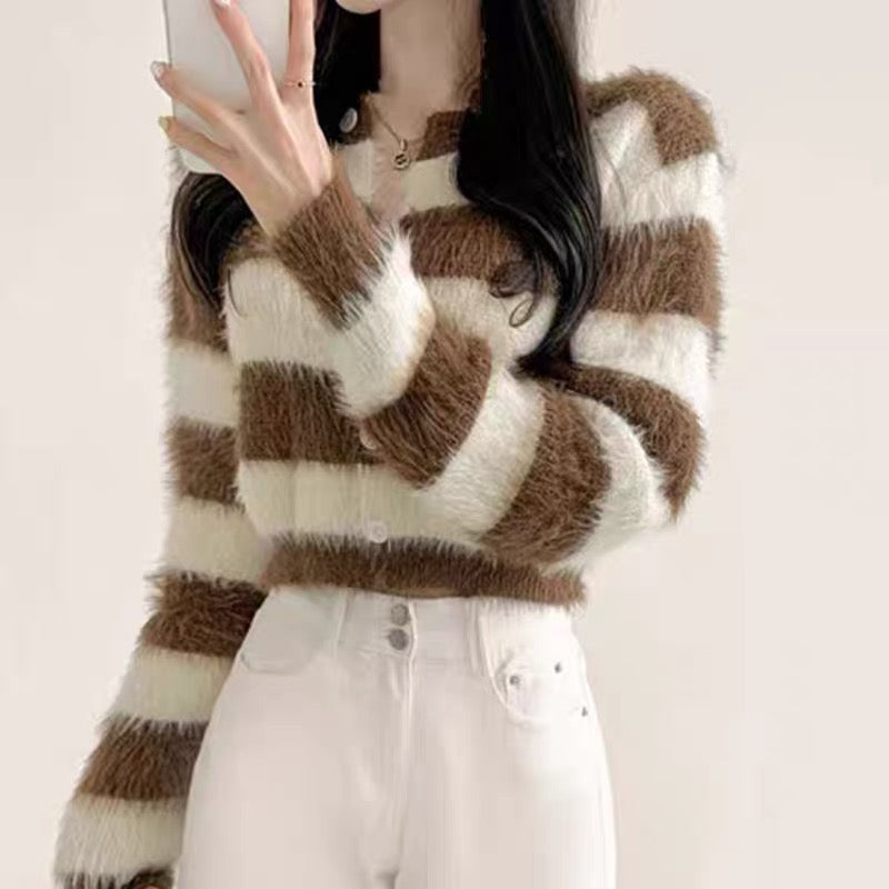 Korean chic autumn and winter retro temperament round neck single-breasted color striped mohair long-sleeved knitted sweater women's