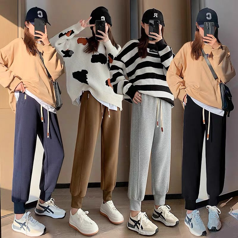 Sports pants women's autumn and winter plus velvet thickening small elastic waist high fashion all-match fried street beam feet harem sweatpants