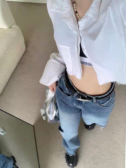 kumikumi blue jeans loose wide leg ripped pants summer raw edge straight pants high waist mopping pants women 2221