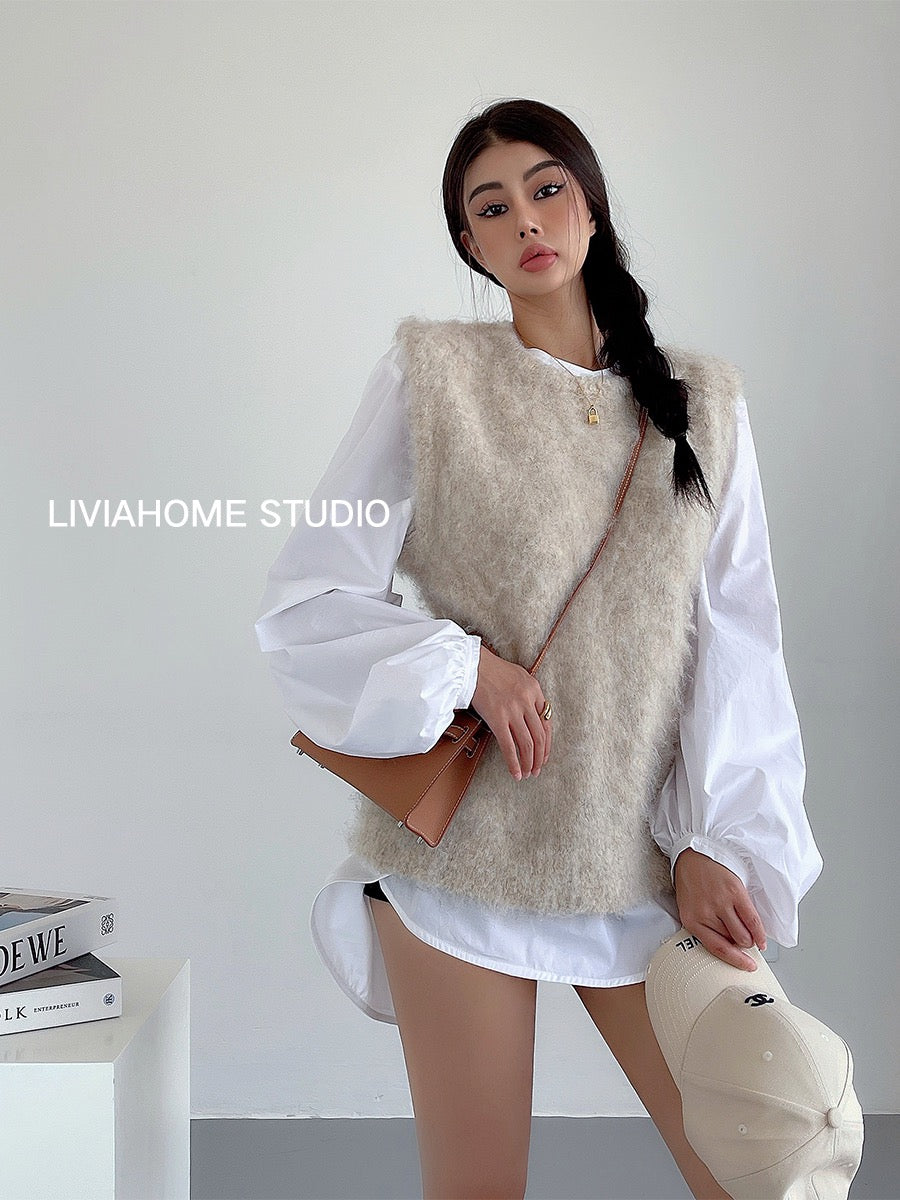 liviahome cream apricot knitted vest women's autumn and winter fashionable foreign style wearing fur vest vest top ins