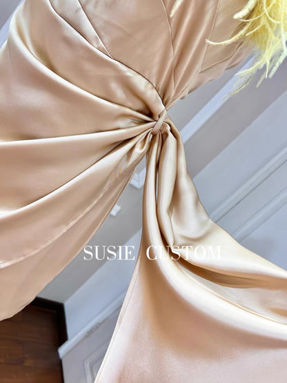 Customized figure-flattering off-the-shoulder strapless feather-stitched satin pleated hip-packed streamer dress