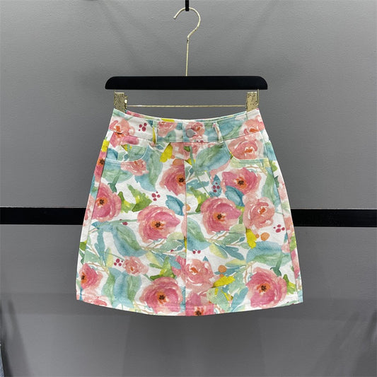 Age-reducing flower print denim skirt women 2023 summer new high waist slimming A-line casual bag hip skirt