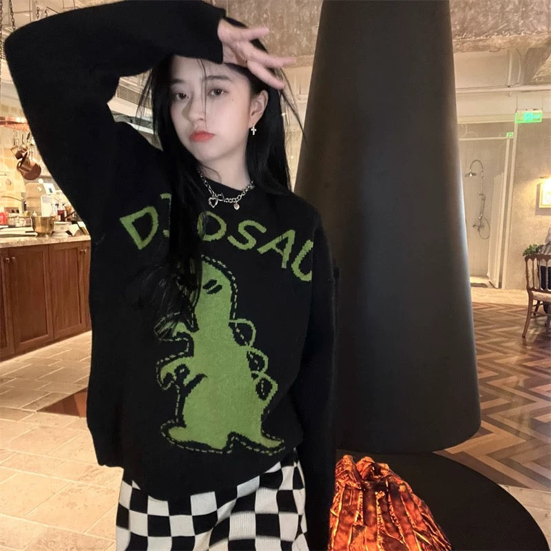 Black strawberry~ Korean version design loose dinosaur sweater knitted sweater top