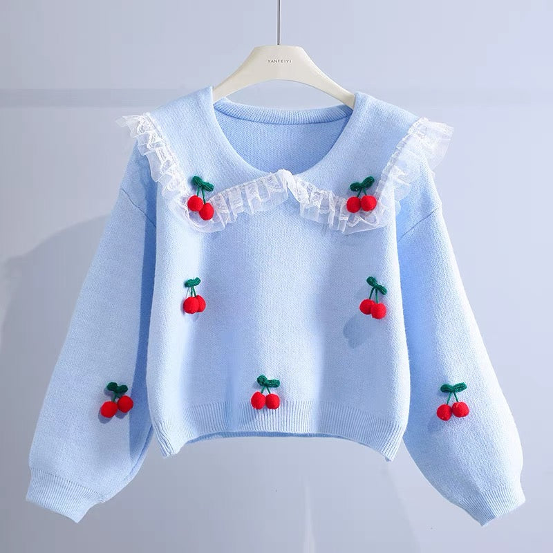Lace Doll Collar Cherry Sweater Women's 2022 Fall/Winter New Korean Sweet Loose Pullover Lazy Wind Knit Sweater