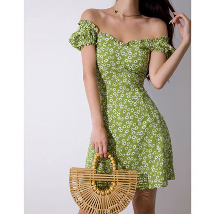 French fresh girl elastic one word shoulder waist slim dress female summer green pastoral floral A-line skirt