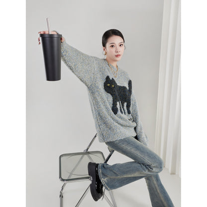 Sweater women's autumn and winter 2022 new hot style design kitten jacquard pullover round neck thickened Hong Kong style chic top