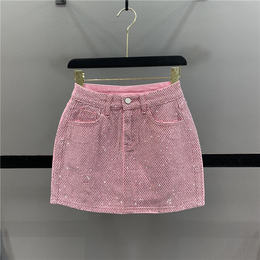 2023 summer new heavy industry hot diamond design denim skirt women's fashion high waist slim A-line bag hip skirt