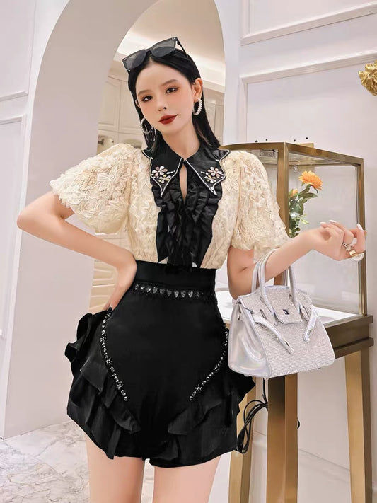 (Pre-Order) Beautiful small shirt high-end 2022 new summer short-sleeved Western-style top women's gentle lace shirt Korean style