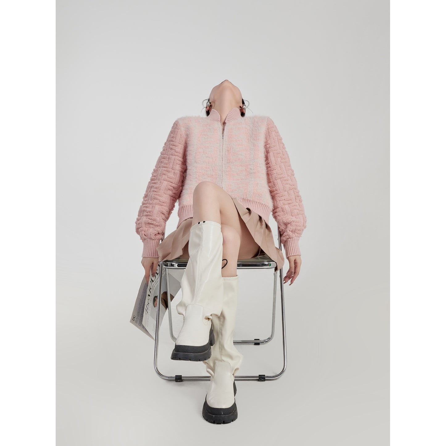 LLL LAB/Pink Sweater French Small Fragrance Stand Collar Zipper Soft Waxy Short Section Female Gentle Versailles Top