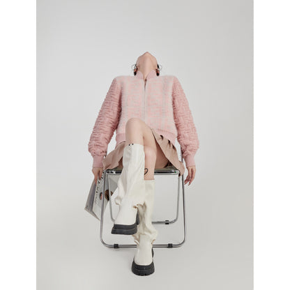 LLL LAB/Pink Sweater French Small Fragrance Stand Collar Zipper Soft Waxy Short Section Female Gentle Versailles Top