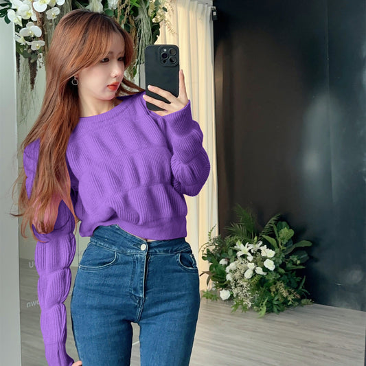 High-end foreign style lantern sleeve short sweater women's autumn and winter retro small design sense thickened sweater top