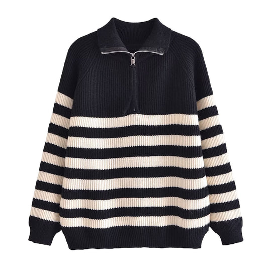 KASLEAD new women's clothing European and American style design sense niche half zipper striped sweater loose knitwear