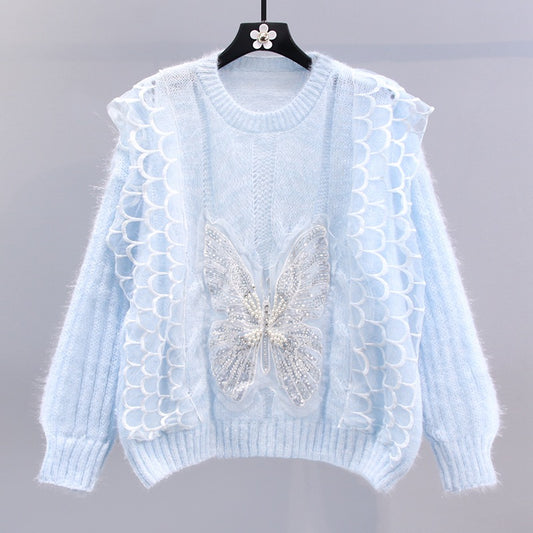 Beaded sequin bowknot lace stitching knitted sweater women's 2023 spring new loose foreign style pullover sweater