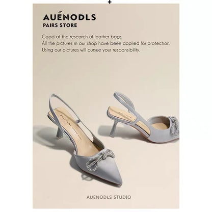 AUENODLS leather light gray bow back empty strap pointed high-heeled shoes French stiletto toe sandals women