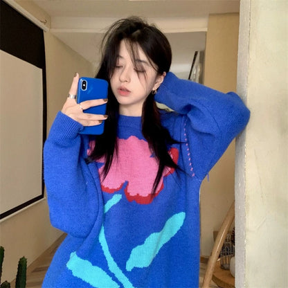 Lazy wind blue long-sleeved sweater women's autumn 2022 new gentle pullover flower loose sweater coat