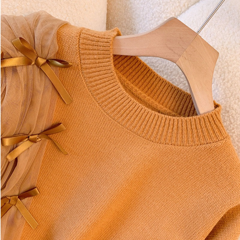 2022 autumn and winter new temperament mesh stitching bow thick design sweater sweater women's top tide