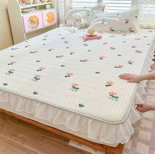 Summer Ice Silk Latex Mat Fitted Sheet Three-piece Set Girl Machine Washable Single Double Mattress Air Conditioning Soft Mat