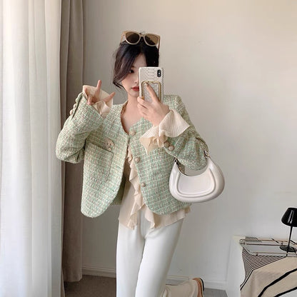 CHICROOM green small fragrance coat women's spring and autumn small round neck tweed woven thin short top