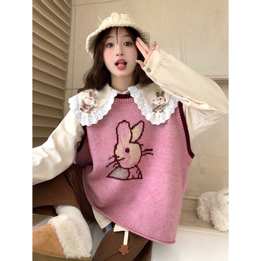 Sweet forest cartoon knitted vest doll collar embroidery layered shirt women's autumn 2022 new fashion suit