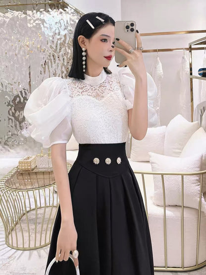 (Pre-Order) White puff sleeve lace shirt women's 2022 summer new French design sense of niche Western style unique unique top