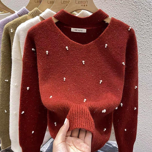 Halter neck V-neck red sweater women's winter thickened lazy style high-quality cashmere pullover sweater loose top