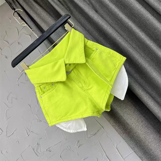 Fashionable western style design sense cuff high waist wide leg A-line shorts fluorescent color hot girl exposed pocket denim hot pants women q125