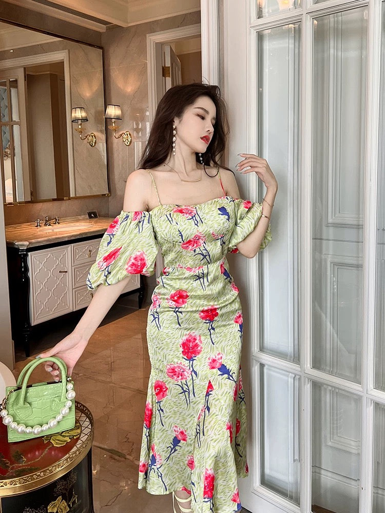 European station one-shoulder puff sleeve fishtail acetate dress summer 2022 new high-end long floral suspender skirt