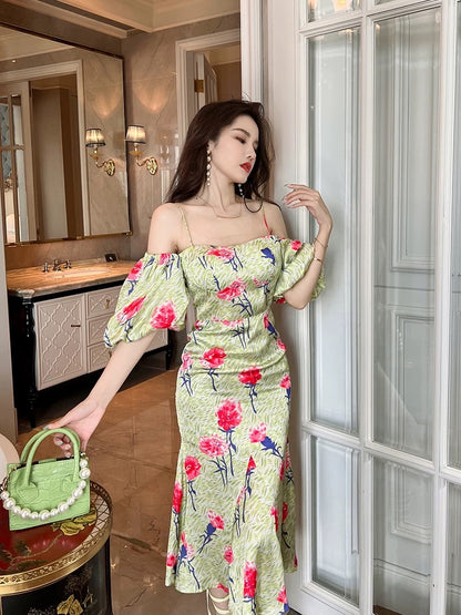 European station one-shoulder puff sleeve fishtail acetate dress summer 2022 new high-end long floral suspender skirt