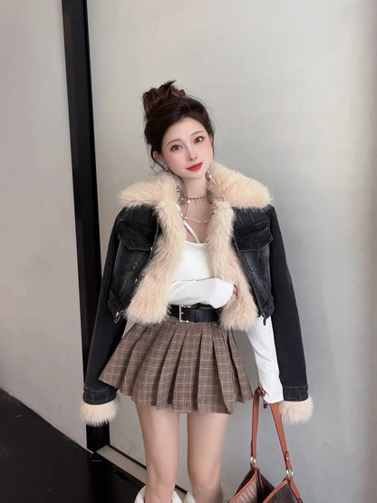 Denim plus velvet short small jacket women's winter 2022 new small design sense niche retro woolen cotton clothes