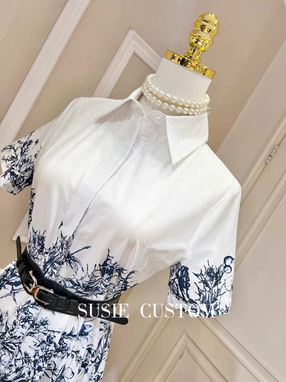 High-definition temperament design print small lapel short-sleeved waist A-line skirt hem shirt dress with belt