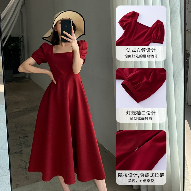 FT GUOGE red dress women's 2022 summer dress new square collar French retro temperament puff sleeves engagement dress