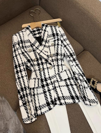 Korean version of the plaid jacket high-quality texture short casual suit workplace temperament high-end waist women's suit 6449