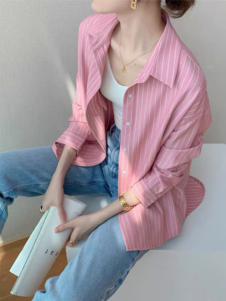 French pink striped shirt women's 2022 spring new design small long-sleeved loose and thin salt shirt