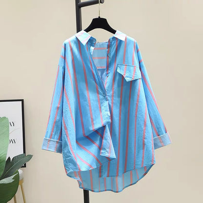 Contrast color striped shirt women's 2022 early spring new Korean version loose casual mid-length shirt long-sleeved top coat