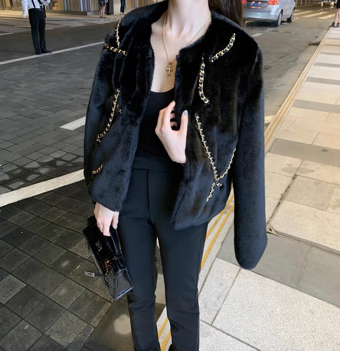 CHICYOU small fragrant soft waxy imitation mink hair chain long sleeves all-match temperament fur 2021 winter coat top women