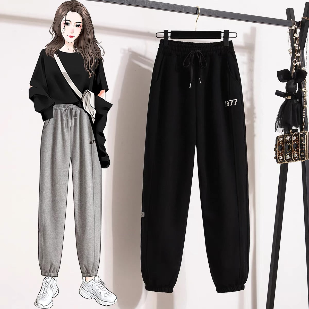 Grey plus velvet casual pants elastic waist autumn and winter 2022 Korean version embroidered small man is thin and loose leggings sports pants