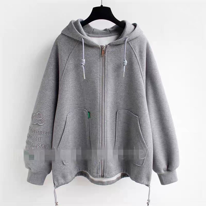 Extra large size design sense hooded jacket fat MM2-300 catties spring, autumn and winter niche loose plus velvet sweater cardigan women