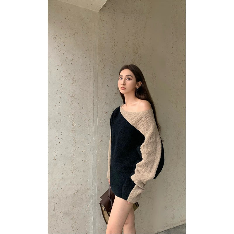 Xiaoxi/Xiao Department 2023 autumn and winter new Korean style color-blocking knitted sweater women's lazy loose mid-length sweater