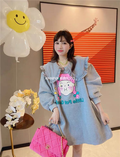 JENNIFER JXLIU Korea Dongdaemun Dong ~ gray fungus edge doll collar cartoon A-line skirt dress