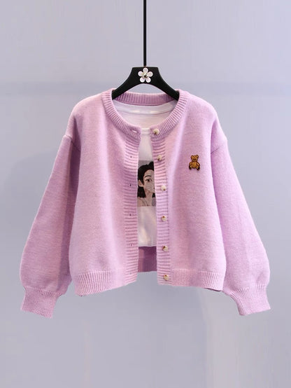 Embroidered bear sweater coat women's autumn 2022 new Korean version loose college style all-match short knitted cardigan