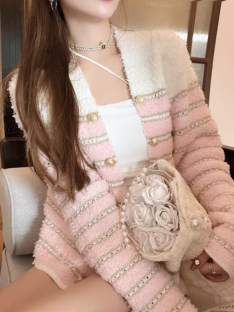 Sweater coat women's 2022 autumn new chic striped small fragrance style short thickened knitted cardigan long-sleeved top