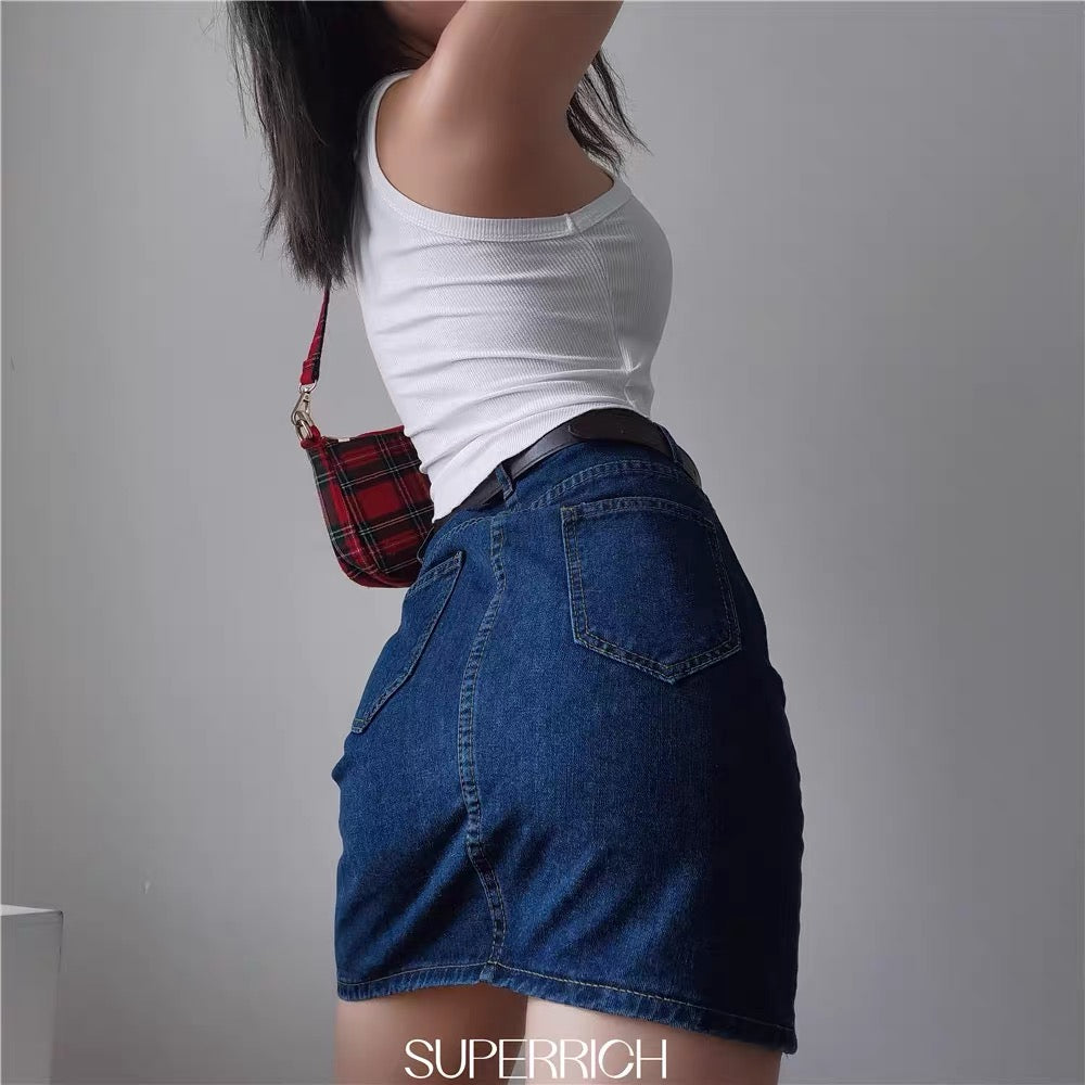 SUP American summer retro high waist primary color denim dark blue