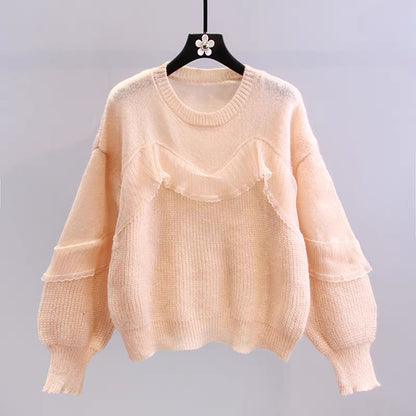 Early autumn thin lace stitching sweater women's 2022 new Korean version loose small fresh western style all-match knitted top