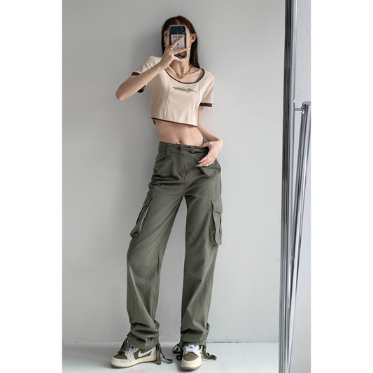 American style functional style multi-pocket high-waisted sports pants women's spring and autumn loose straight shirring foot mopping overalls trendy