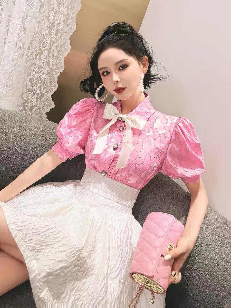 (Pre-Order) Pink bow girly shirt female puff sleeves super fairy sweet Korean top chic and beautiful small shirt